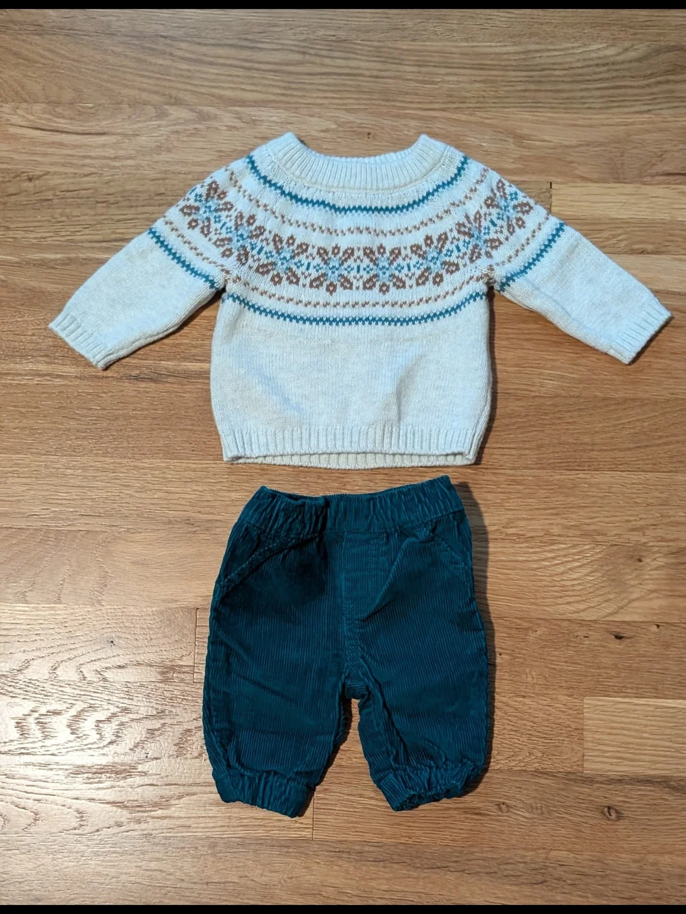 Carter's Cream Newborn Fair Isle Knit Top with Teal and Brown Accents